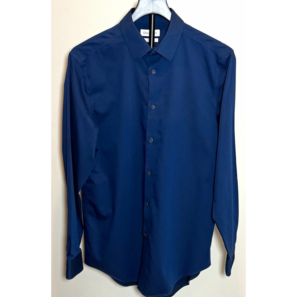 Calvin Klein Steel+ Slim Fit Blue Herringbone Cotton Dress Shirt 15.5 32/33